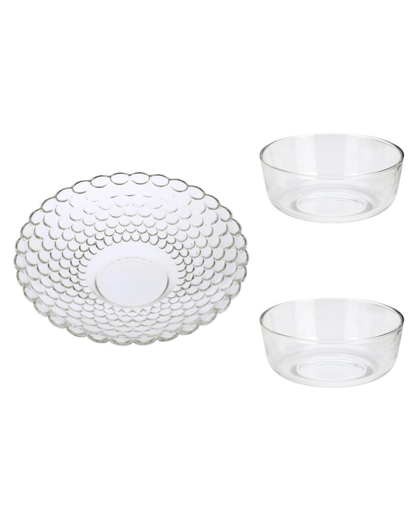 Modern Clear Glass Two Bowls with One Snack Plate Combo | Set of 3 | 700 ML