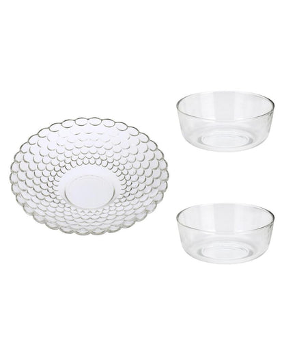 Modern Clear Glass Two Bowls with One Snack Plate Combo | Set of 3 | 700 ML