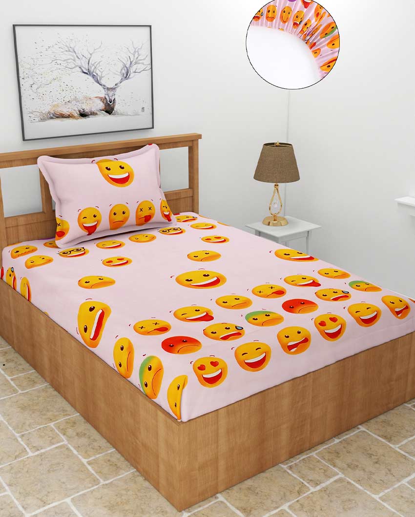 Emoji Printed Pink Glace Cotton Elastic Fitted Single Bedsheet with One Pillow Cover | 72 x 36 x 8 inches