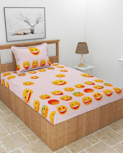 Emoji Printed Pink Glace Cotton Elastic Fitted Single Bedsheet with One Pillow Cover | 72 x 36 x 8 inches