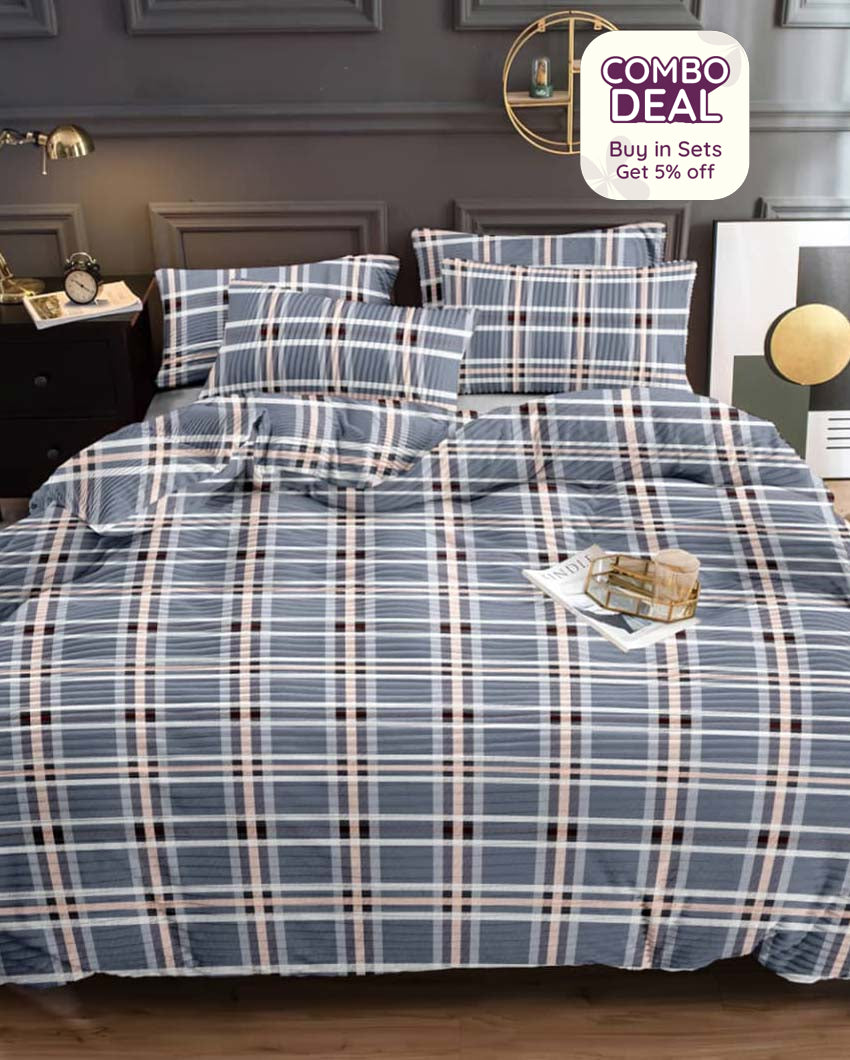 Super Soft Flannel Grey Peach Blocks Warm & Winter Fitted Bedsheet With Pillow Covers