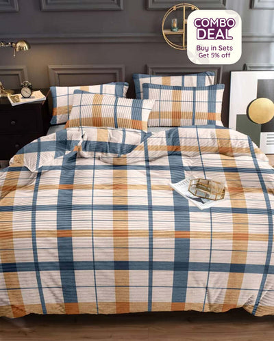 Super Soft Flannel Mustard Grey Checked Warm & Winter Fitted Bedsheet With Pillow Covers