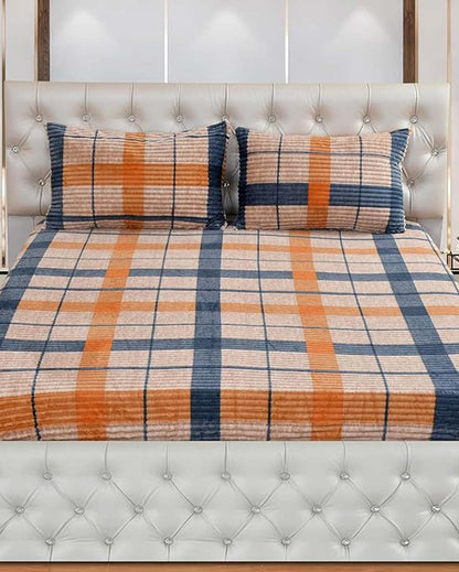 Super Soft Flannel Mustard Grey Checked Warm & Winter Fitted Bedsheet With Pillow Covers