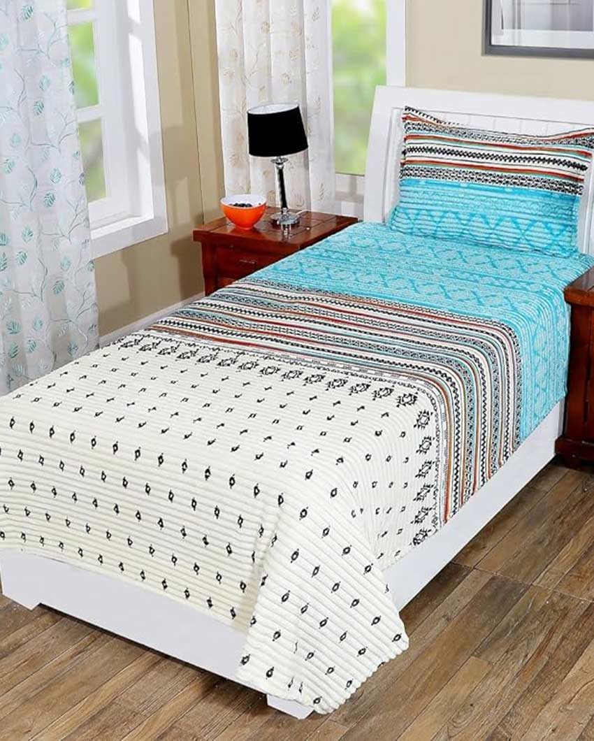 Super Soft Flannel  Sea Green Zigzag Warm & Winter Fitted Bedsheet With Pillow Covers