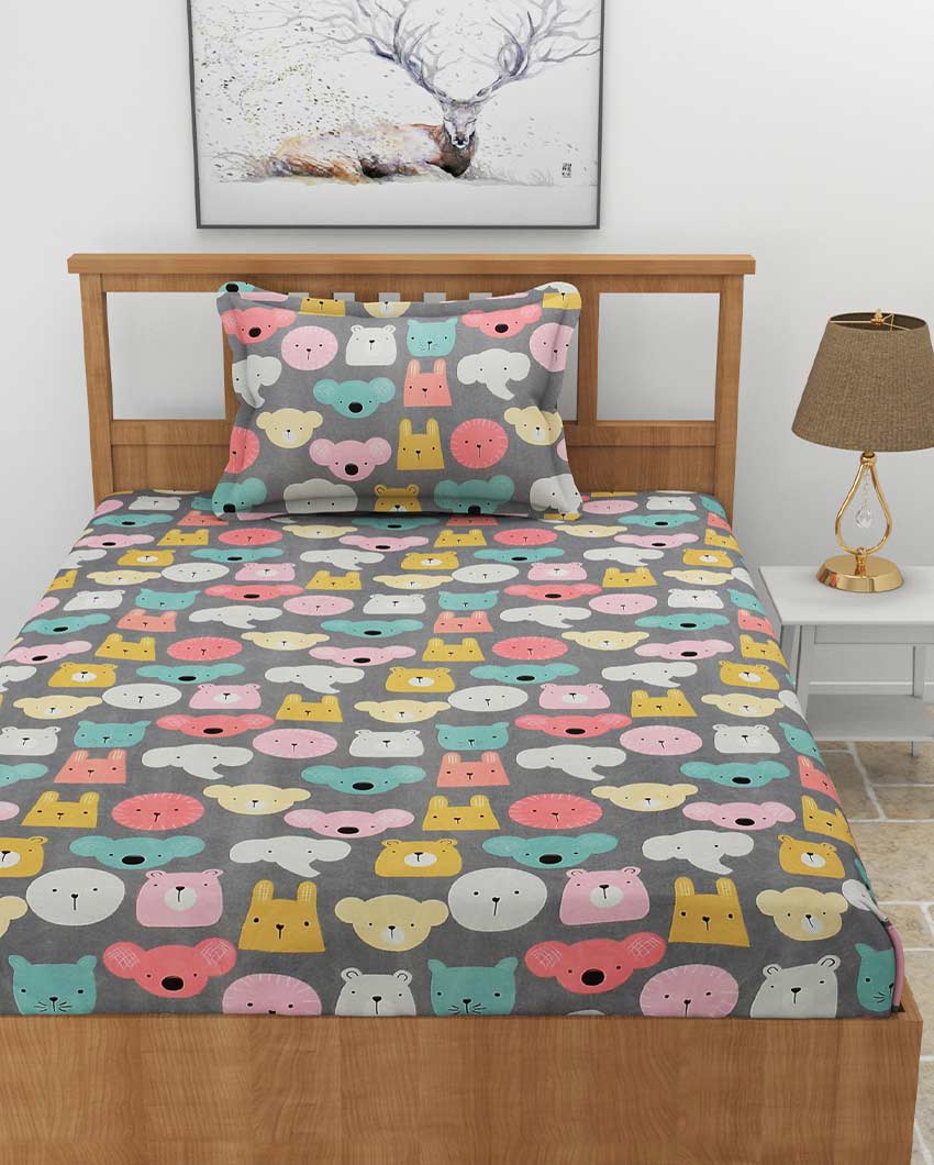 Animal Faces Printed Grey Glace Cotton Elastic Fitted Single Bedsheet with One Pillow Cover | 72 x 36 x 8 inches