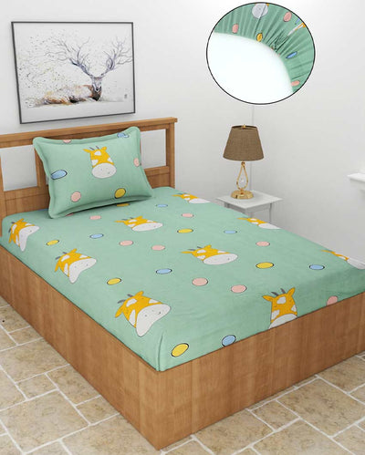 Moke Printed Green Glace Cotton Elastic Fitted Single Bedsheet with One Pillow Cover | 72 x 36 x 8 inches