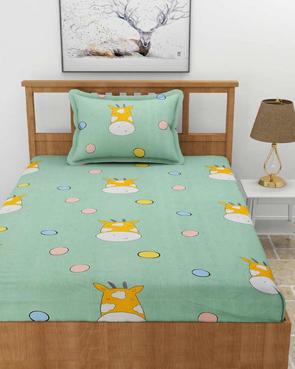 Moke Printed Green Glace Cotton Elastic Fitted Single Bedsheet with One Pillow Cover | 72 x 36 x 8 inches