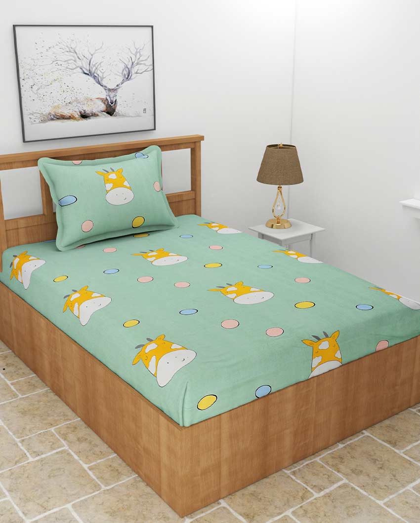 Moke Printed Green Glace Cotton Elastic Fitted Single Bedsheet with One Pillow Cover | 72 x 36 x 8 inches