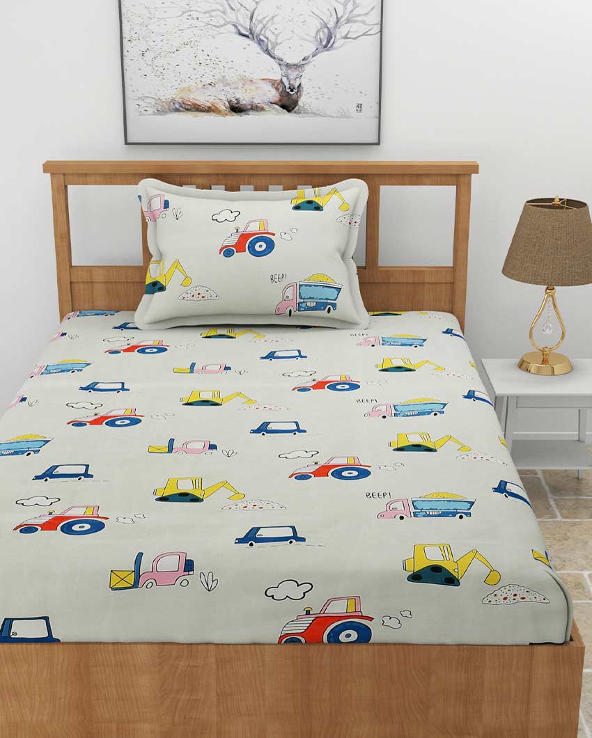 Heavy Vehicles Printed Off White Glace Cotton Elastic Fitted Single Bedsheet with One Pillow Cover | 72 x 36 x 8 inches