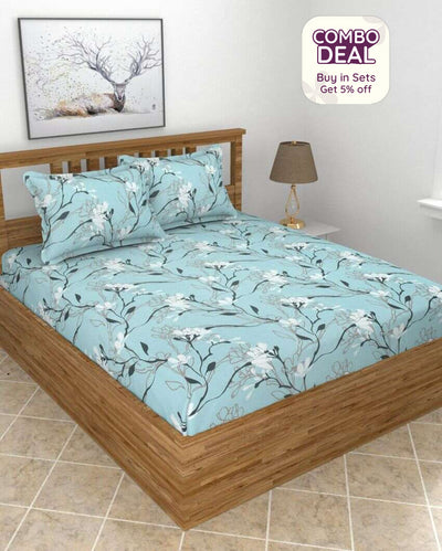 Sky Blue Lilly Cotton King Size Bedsheet Set | 72 x 78 x 12 inches | 210 TC