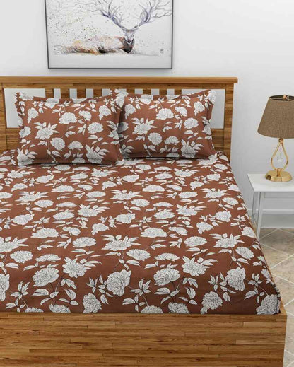 Coffee Flower Glace Cotton Fitted Double Bedsheet Set | 78 x 72 x 8 inches