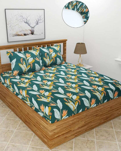 Dark Green Leaf Glace Cotton Fitted Double Bedsheet Set | 78 x 72 x 8 inches