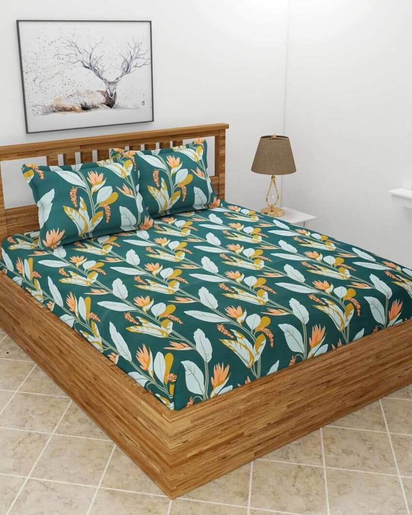 Dark Green Leaf Glace Cotton Fitted Double Bedsheet Set | 78 x 72 x 8 inches