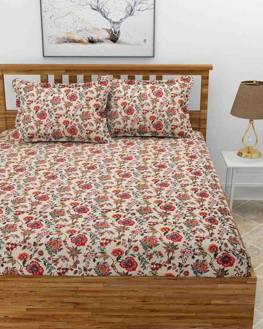 Flower Bucket Glace Cotton Fitted Double Bedsheet Set | 78 x 72 x 8 inches