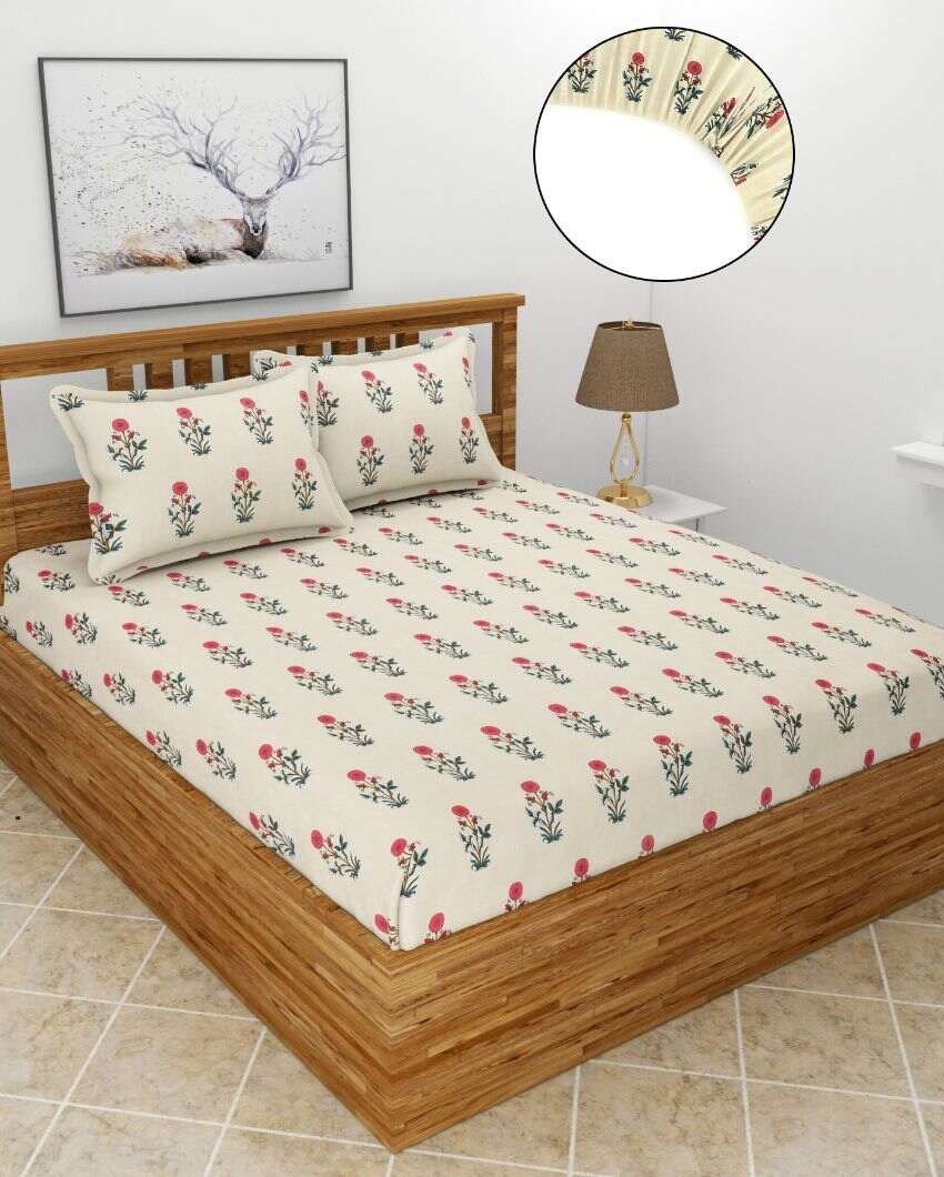 Flower Shop Glace Cotton Fitted Double Bedsheet Set | 78 x 72 x 8 inches