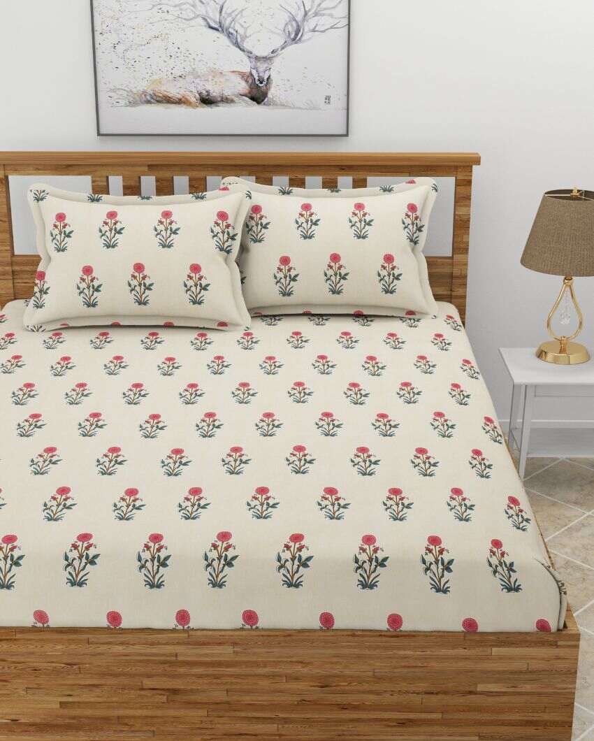 Flower Shop Glace Cotton Fitted Double Bedsheet Set | 78 x 72 x 8 inches