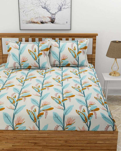 Light Green Leaves Glace Cotton Fitted Double Bedsheet Set | 78 x 72 x 8 inches