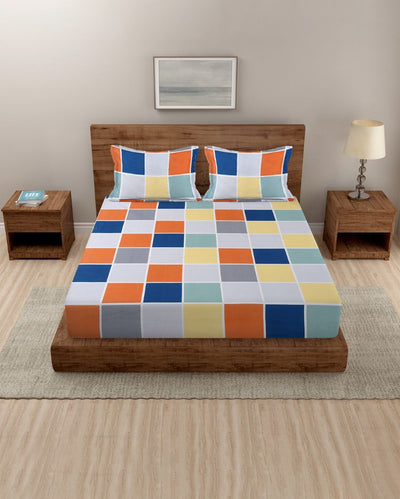 Multicolor Check Glace Cotton Fitted Double Bedsheet Set | 78 x 72 x 8 inches