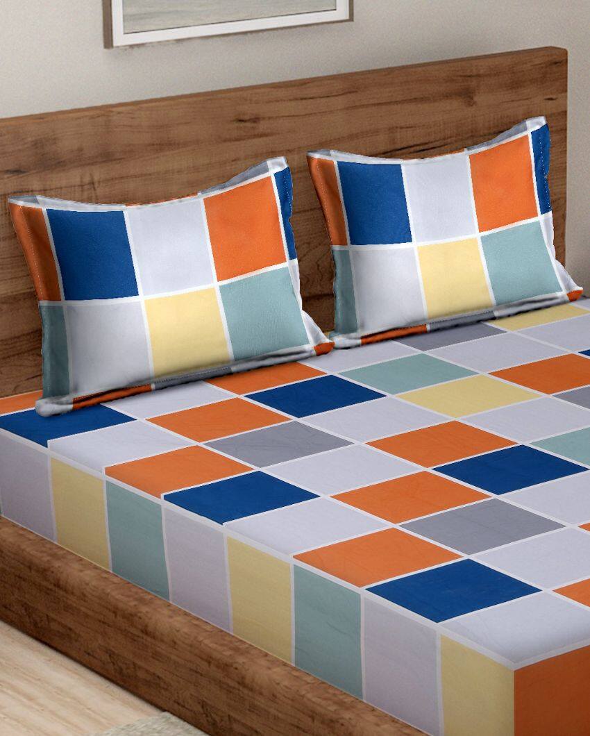 Multicolor Check Glace Cotton Fitted Double Bedsheet Set | 78 x 72 x 8 inches