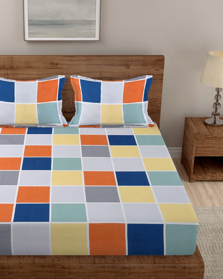 Multicolor Check Glace Cotton Fitted Double Bedsheet Set | 78 x 72 x 8 inches