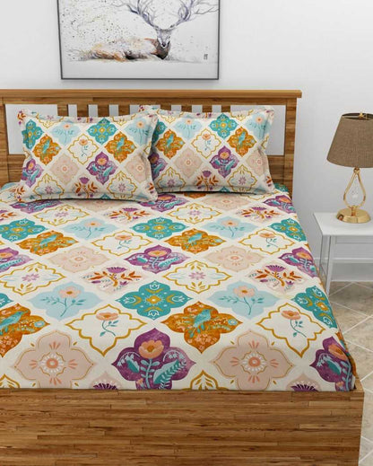 Motif Design Glace Cotton Fitted Double Bedsheet Set | 78 x 72 x 8 inches