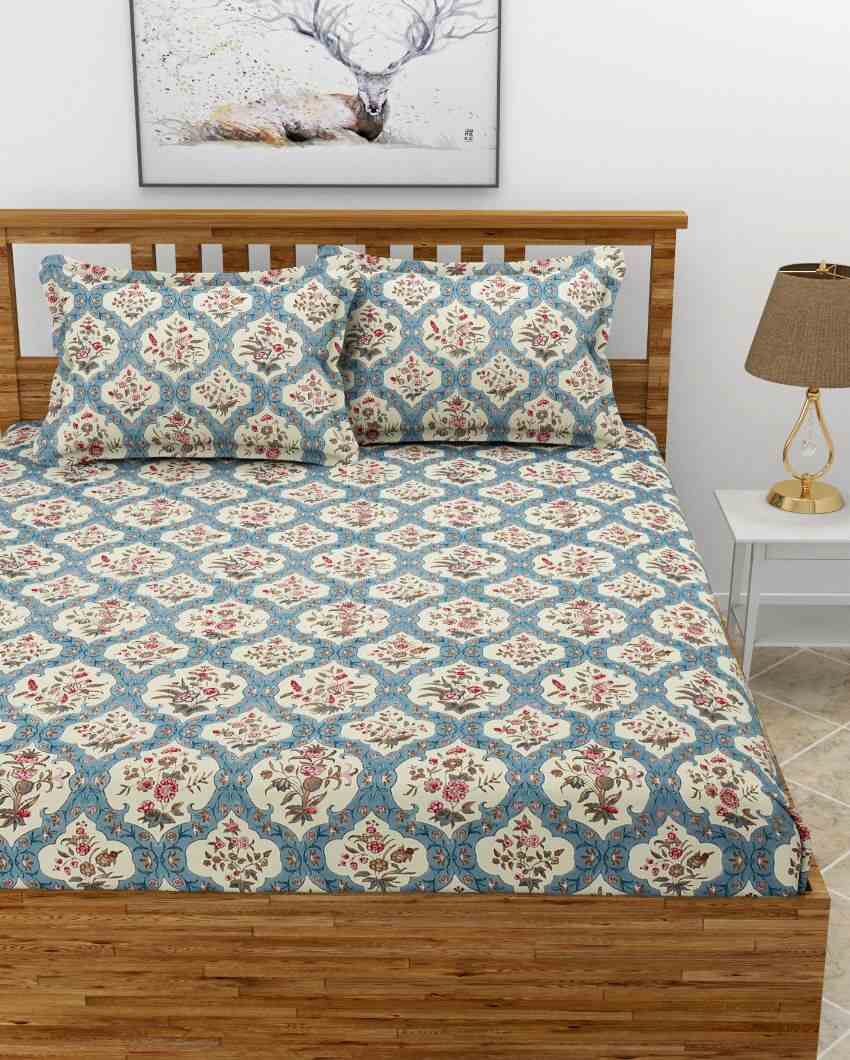 Unique Flower Glace Cotton Fitted Double Bedsheet Set | 78 x 72 x 8 inches