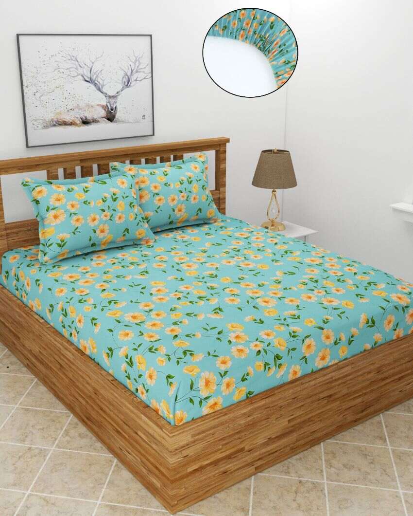 Sun Flower Glace Cotton Fitted Double Bedsheet Set | 78 x 72 x 8 inches