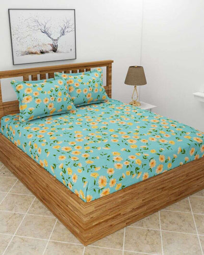 Sun Flower Glace Cotton Fitted Double Bedsheet Set | 78 x 72 x 8 inches