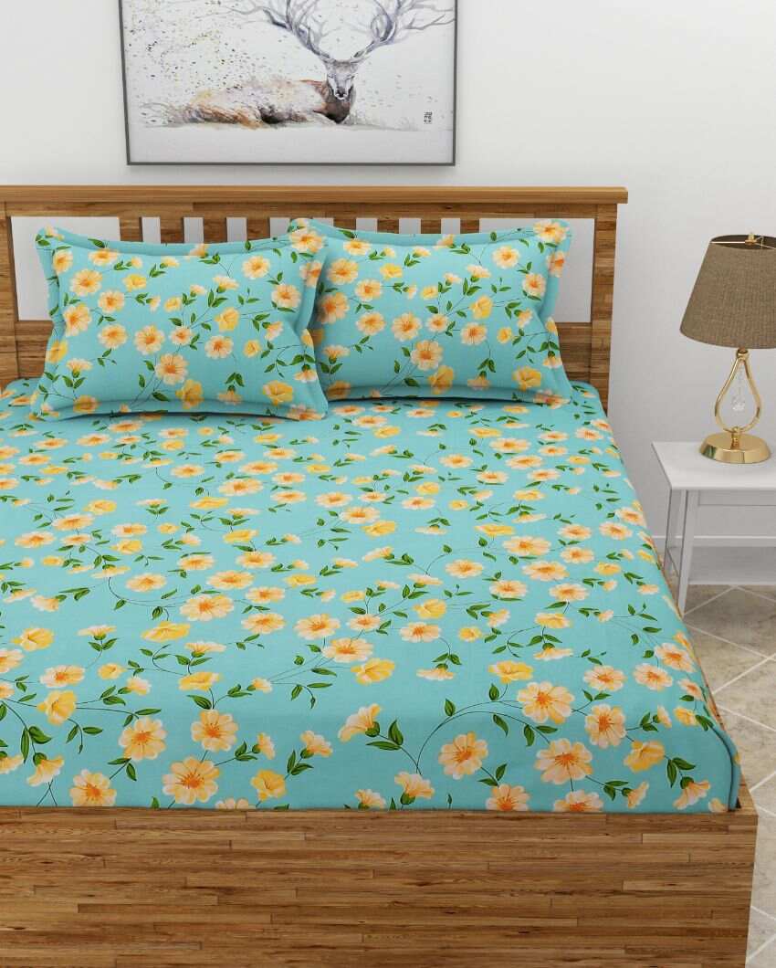 Sun Flower Glace Cotton Fitted Double Bedsheet Set | 78 x 72 x 8 inches