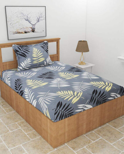 Charcoal Leaves Glace Cotton Elastic Fitted Single Bedsheet With 1 Pillow Cover | 78 x 36 x 8 inches