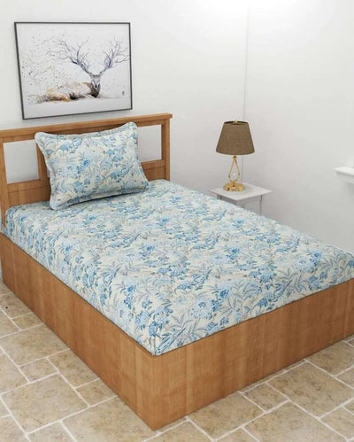 Blue Floral Glace Cotton Elastic Fitted Single Bedsheet With 1 Pillow Cover | 78 x 36 x 8 inches