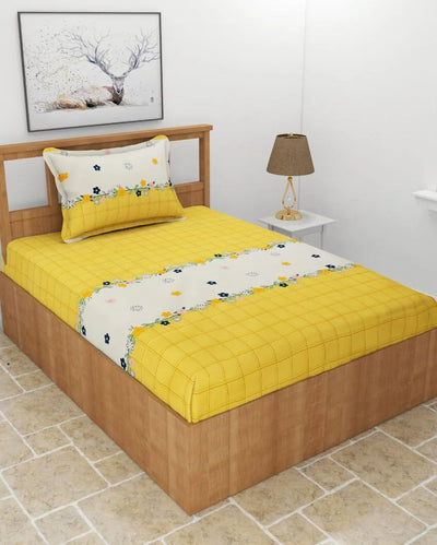 Yellow Glace Cotton Elastic Fitted Single Bedsheet With 1 Pillow Cover | 78 x 36 x 8 inches