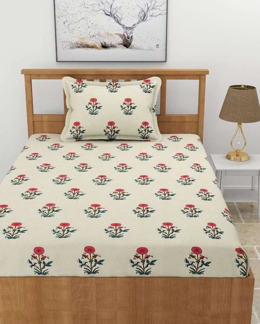 Beautiful Mini Florals Glace Cotton Elastic Fitted Single Bedsheet With 1 Pillow Cover | 78 x 36 x 8 inches