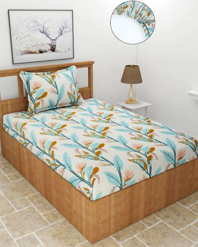 Banana Leafs Glace Cotton Elastic Fitted Single Bedsheet With 1 Pillow Cover | 78 x 36 x 8 inches