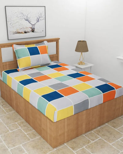 Multicolor Cubic Box Glace Cotton Elastic Fitted Single Bedsheet With 1 Pillow Cover | 78 x 36 x 8 inches