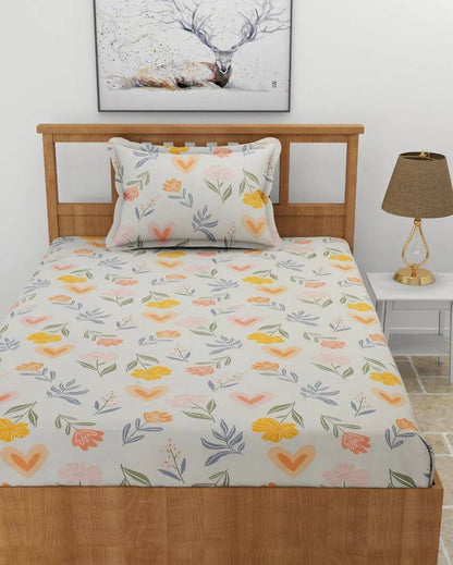 Summer Botanical Glace Cotton Elastic Fitted Single Bedsheet With 1 Pillow Cover | 78 x 36 x 8 inches