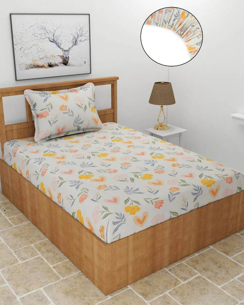 Summer Botanical Glace Cotton Elastic Fitted Single Bedsheet With 1 Pillow Cover | 78 x 36 x 8 inches