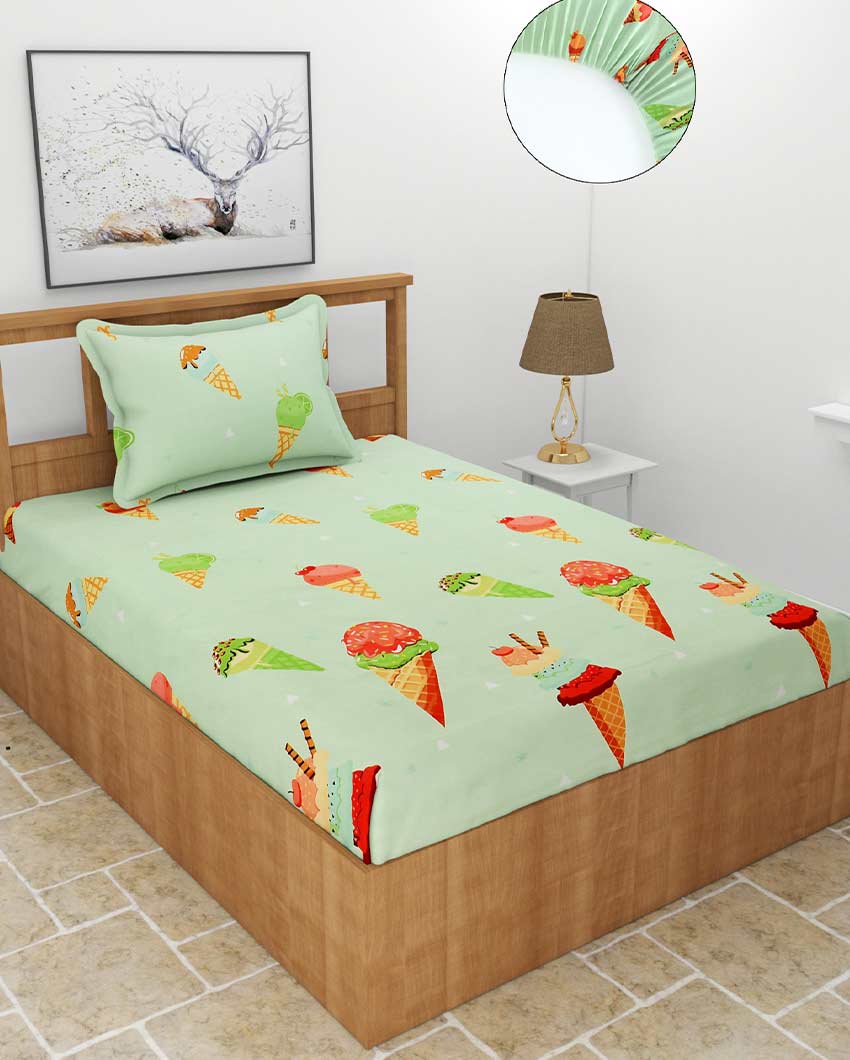 Ice Cream Printed Green Glace Cotton Elastic Fitted Single Bedsheet with One Pillow Cover | 72 x 36 x 8 inches