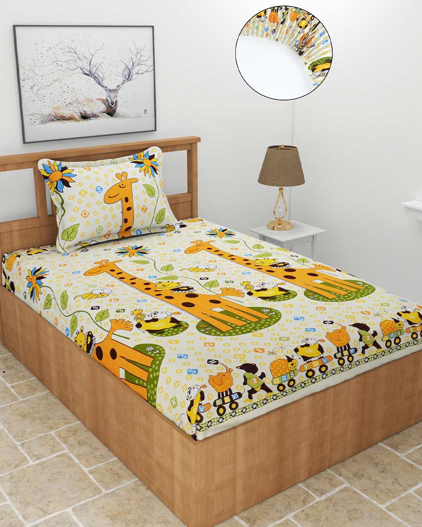 Giraffe Printed Multicolor Glace Cotton Elastic Fitted Single Bedsheet with One Pillow Cover | 72 x 36 x 8 inches