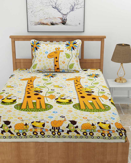 Giraffe Printed Multicolor Glace Cotton Elastic Fitted Single Bedsheet with One Pillow Cover | 72 x 36 x 8 inches