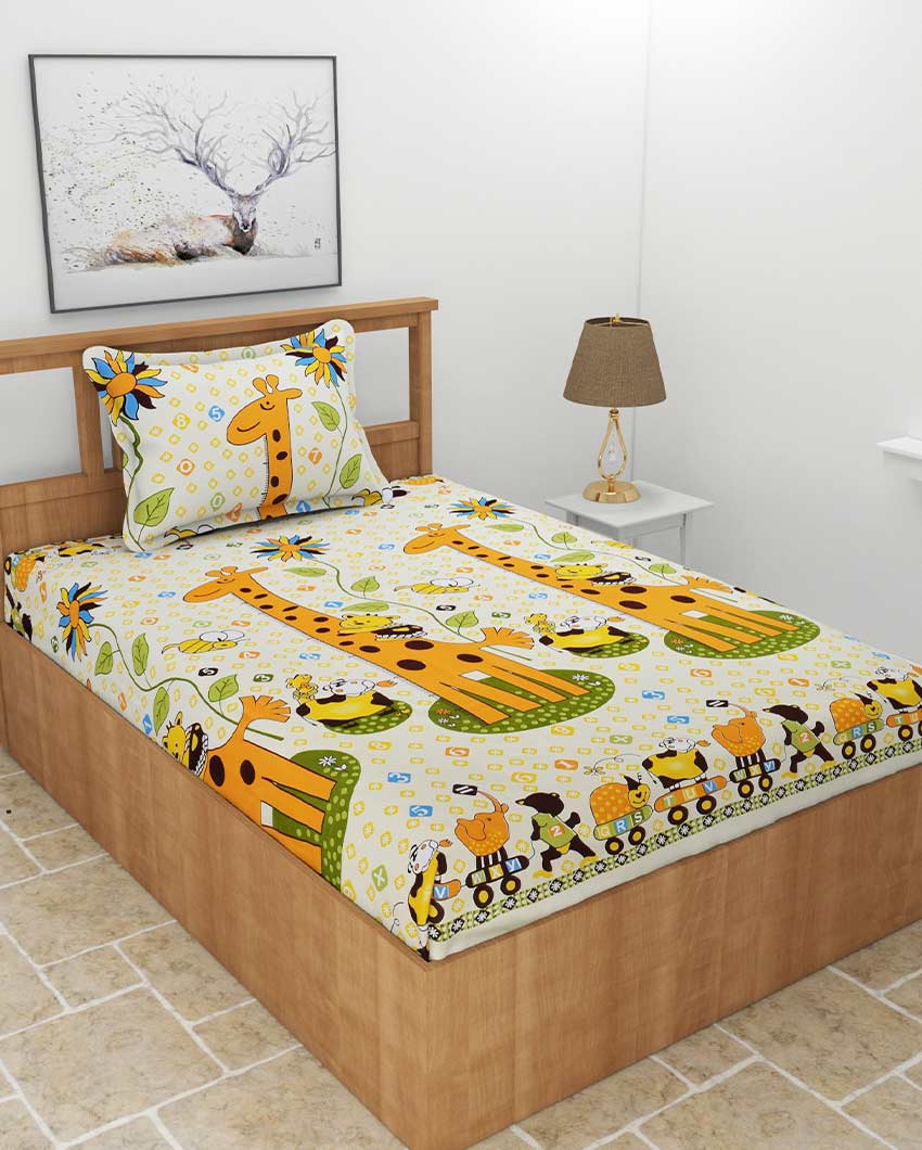 Giraffe Printed Multicolor Glace Cotton Elastic Fitted Single Bedsheet with One Pillow Cover | 72 x 36 x 8 inches