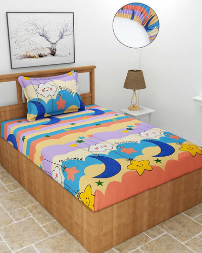 Good Night Printed Multicolor Glace Cotton Elastic Fitted Single Bedsheet with One Pillow Cover | 72 x 36 x 8 inches