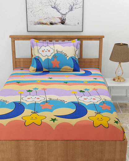 Good Night Printed Multicolor Glace Cotton Elastic Fitted Single Bedsheet with One Pillow Cover | 72 x 36 x 8 inches