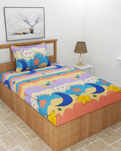 Good Night Printed Multicolor Glace Cotton Elastic Fitted Single Bedsheet with One Pillow Cover | 72 x 36 x 8 inches