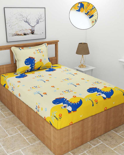 Love Camera Printed Yellow Glace Cotton Elastic Fitted Single Bedsheet with One Pillow Cover | 72 x 36 x 8 inches