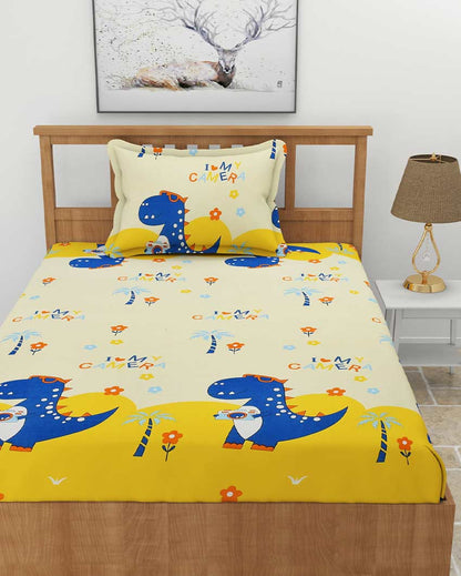 Love Camera Printed Yellow Glace Cotton Elastic Fitted Single Bedsheet with One Pillow Cover | 72 x 36 x 8 inches