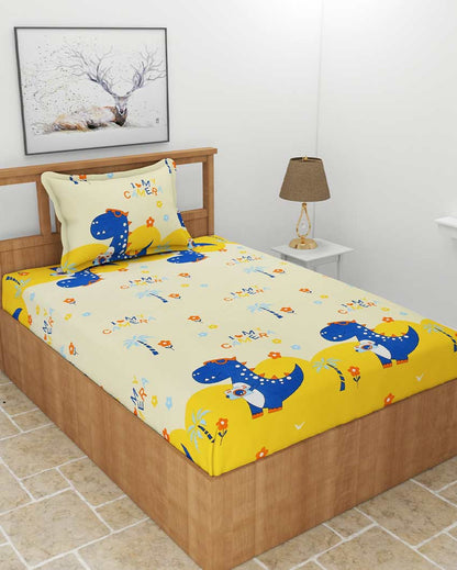 Love Camera Printed Yellow Glace Cotton Elastic Fitted Single Bedsheet with One Pillow Cover | 72 x 36 x 8 inches