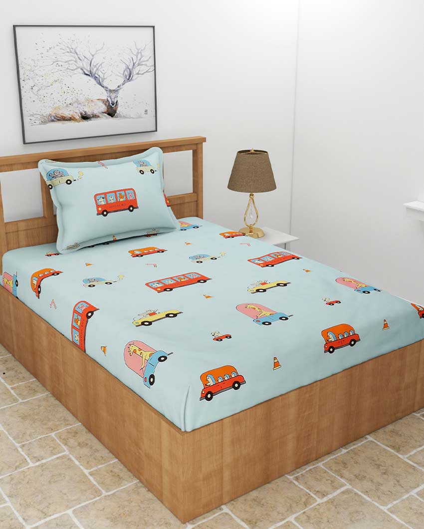 Animal Bus Printed Sky Blue Glace Cotton Elastic Fitted Single Bedsheet with One Pillow Cover | 72 x 36 x 8 inches