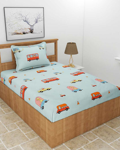 Animal Bus Printed Sky Blue Glace Cotton Elastic Fitted Single Bedsheet with One Pillow Cover | 72 x 36 x 8 inches