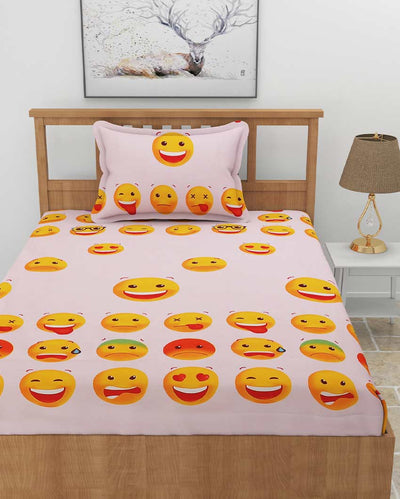 Emoji Printed Pink Glace Cotton Flat Single Bedsheet with One King Size Pillow Cover | 90 x 60 inches